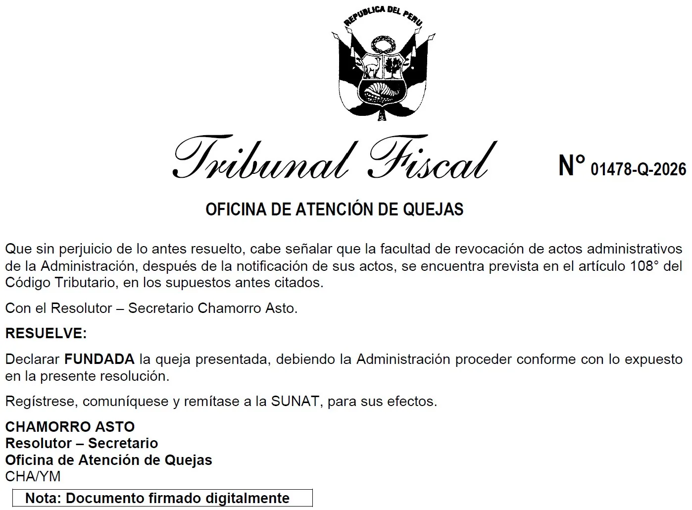 Extracto de la Resolución N.° 01478-Q-2026 del Tribunal Fiscal: resuelve declarar fundada la queja presentada.