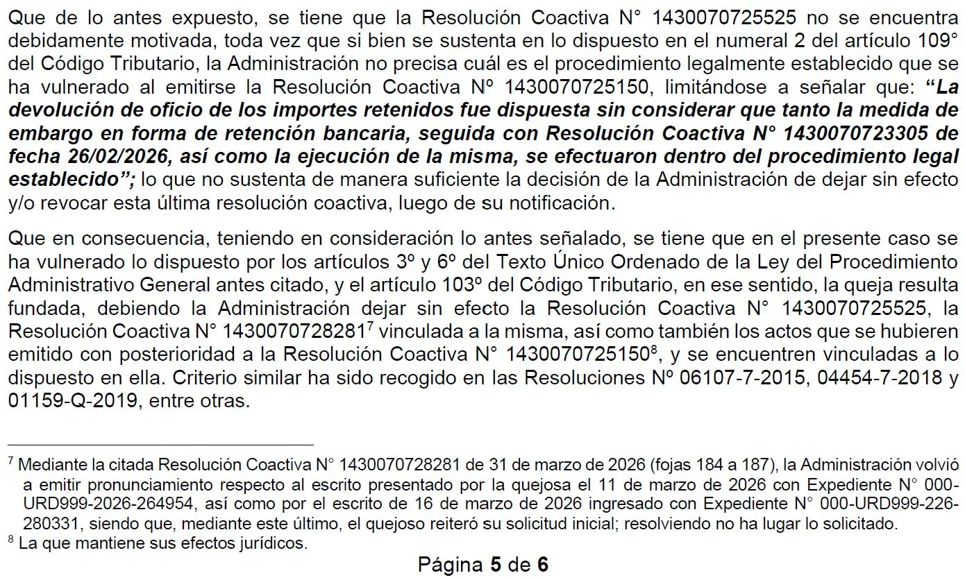 Extracto de la Resolución N.° 01478-Q-2026: la resolución coactiva no se encuentra debidamente motivada y debe dejarse sin efecto.