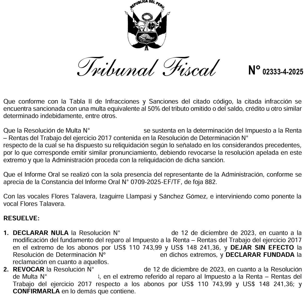 Extracto de la Resolución N.° 02333-4-2025 del Tribunal Fiscal: deja sin efecto la resolución de determinación en el extremo de los abonos observados.