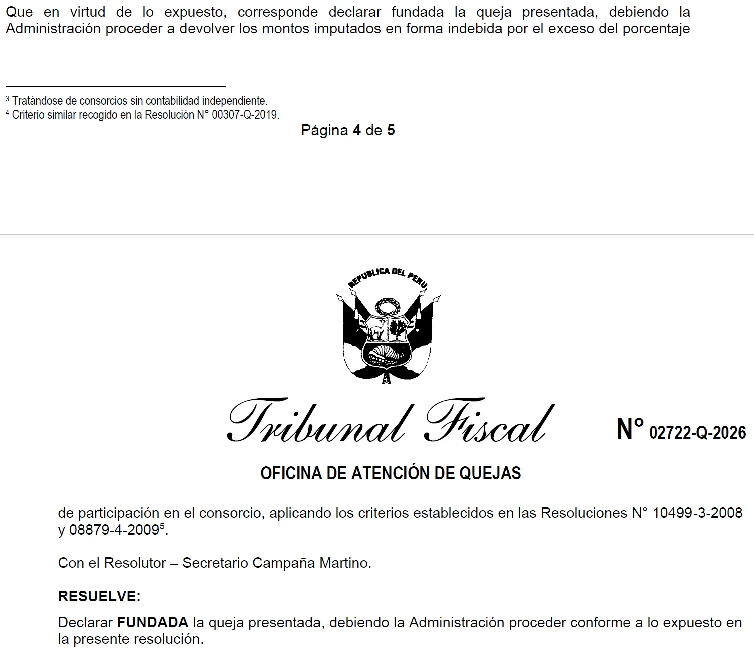 Extracto de la Resolución N.° 02722-Q-2026 del Tribunal Fiscal: resuelve declarar fundada la queja presentada.