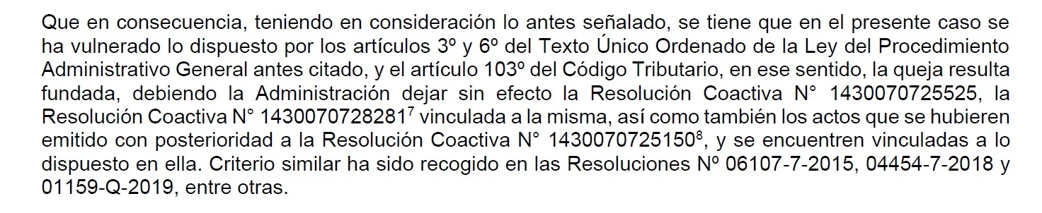 Extracto de la Resolución N.° 02722-Q-2026: la Administración debe dejar sin efecto las resoluciones coactivas.