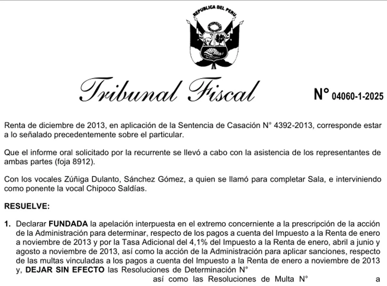 Extracto de la Resolución N.° 04060-1-2025 del Tribunal Fiscal: declara fundada la apelación por prescripción y deja sin efecto las resoluciones de determinación.