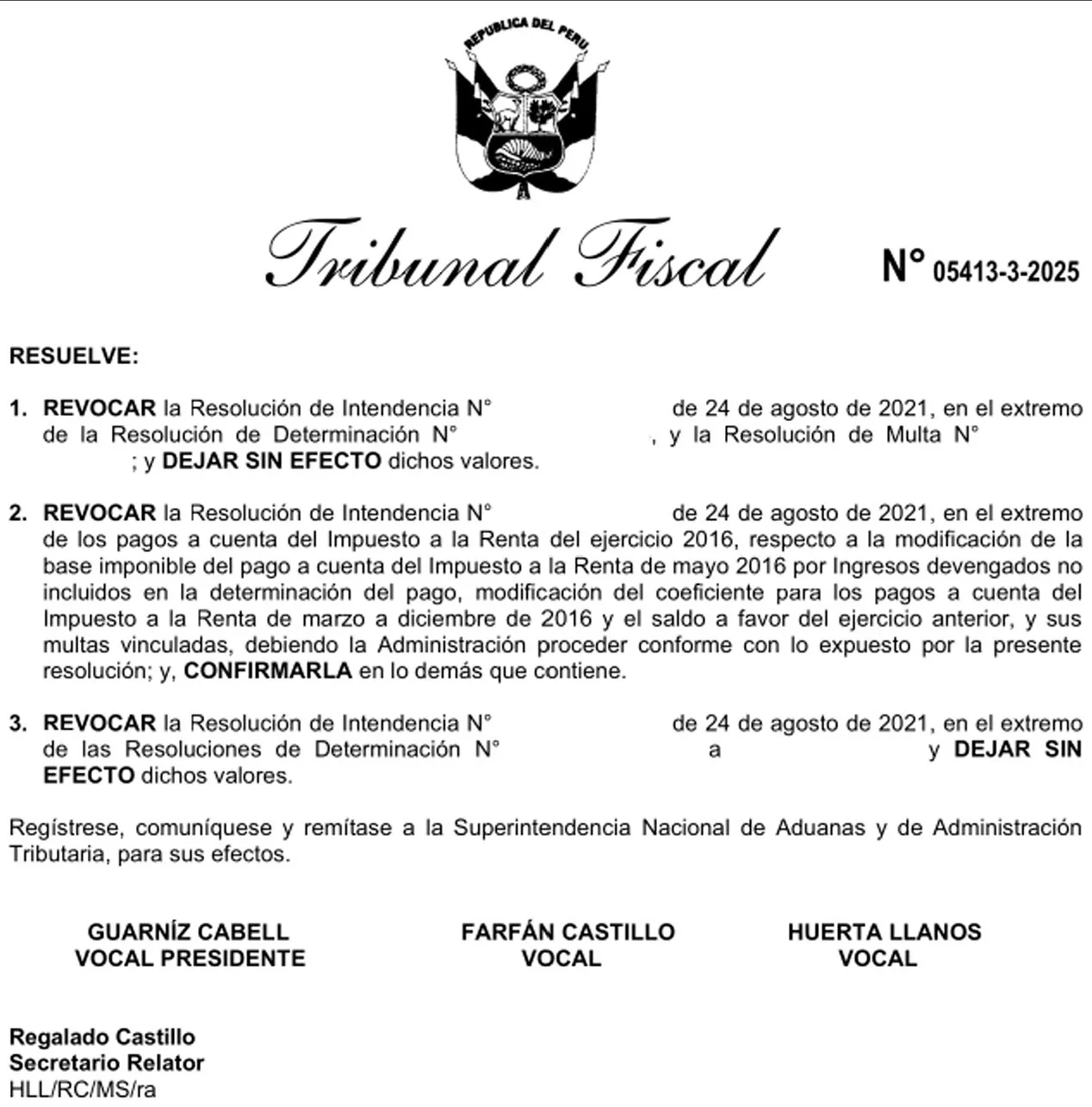 Extracto de la Resolución N.° 05413-3-2025 del Tribunal Fiscal: revoca la resolución de intendencia y deja sin efecto los valores.